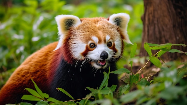 Ein flauschiger roter Panda, der Bambusblätter frisst, wurde von der KI generiert