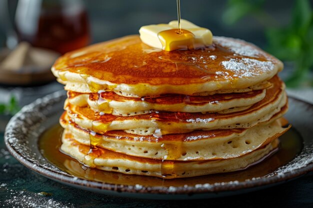 Ein flauschiger Stapel Pfannkuchen mit Ahornsirup und einem Hauch schmelzender Butter