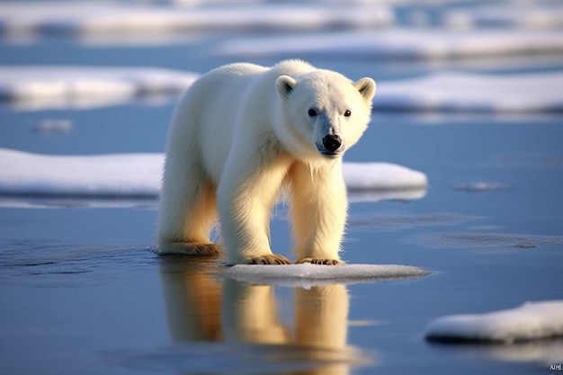 Ein flauschiger weißer Eisbär, der auf einem von der KI generierten Eis steht