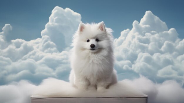 Ein flauschiger weißer Hund sitzt auf einem Tisch mit Wolken