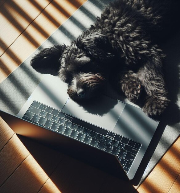 Ein flauschiger, zartes Welpe schläft auf einer Laptop-Tastatur im sanften Morgenlicht, das von KI generiert wird