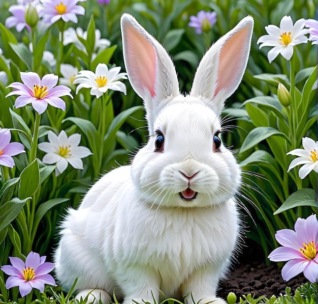 Ein flauschiges Baby Kaninchen sitzt auf grünem Gras und genießt den Frühling