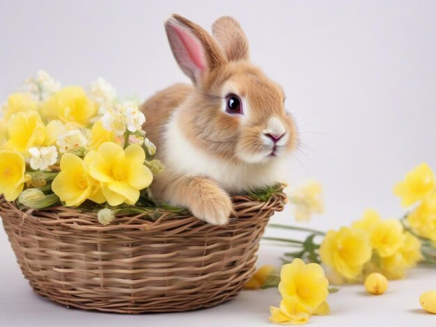 Ein flauschiges braunes Kaninchen in einem Fließkorb mit Ostereiern und gelben Blumen auf einem hellen Hintergrund