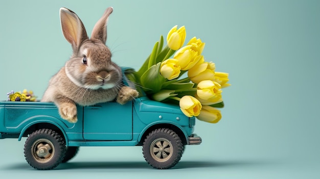 ein flauschiges Hase auf einem blauen LKW trägt ein Bouquet gelber Tulpen mit blauem Hintergrund