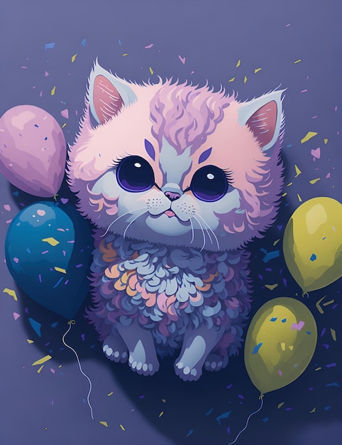 Ein flauschiges Kätzchen, umgeben von bunten Luftballons und Konfetti-Digitalmalerei-Illustration