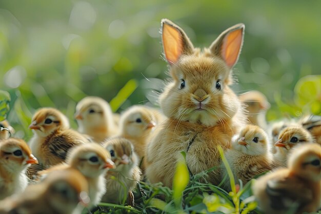 ein flauschiges Kaninchen, das als Küken gekleidet ist, mit einem winzigen Schnabel und Federn, das versucht, sich während einer Ostereierjagd mit einer Gruppe schwirrender Küken zu vermischen