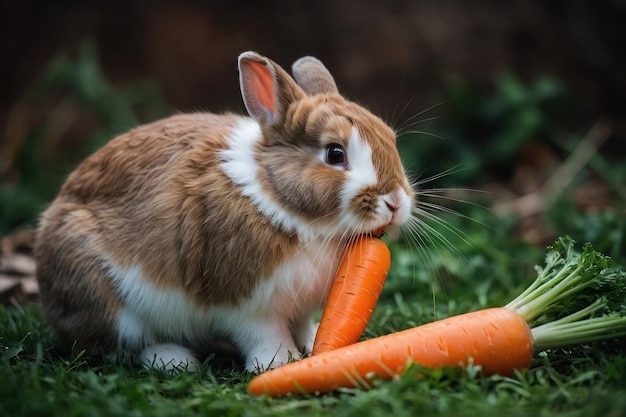 Foto ein flauschiges kaninchen, das an einer karotte knabbert