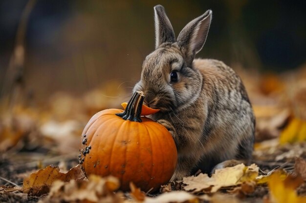 Foto ein flauschiges kaninchen isst orangefarbenen kürbis, spielerisch und süß.