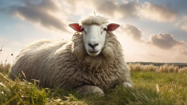 Ein flauschiges Schaf, das auf einer von der KI generierten Weide bällt