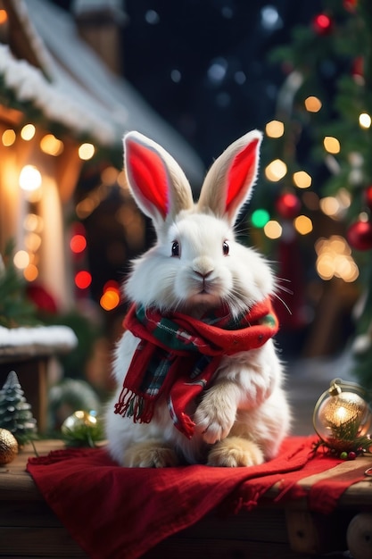 Ein flauschiges weißes Hase mit einem roten und grünen Schal sitzt in einem schneebedeckten Weihnachtsdorf mit funkelnden