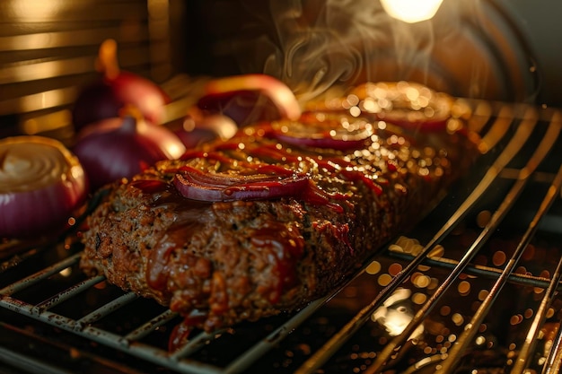 Ein Fleischbrötchen, das im Ofen mit Getreide-Ketchup und Zwiebeln gekocht wird