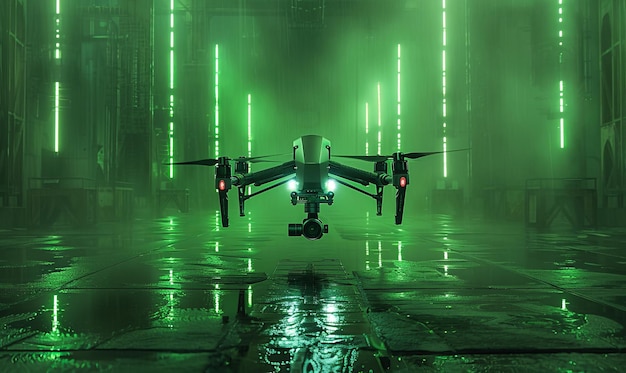 Ein fliegender Hubschrauber mit erhöhten Landungsgeräten und einer Kamera, die auf einem grünen Neon-Hintergrund isoliert ist