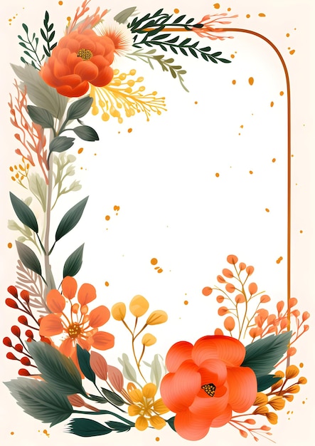 ein floraler Rahmen mit orangefarbenen Blüten und grünen Blättern Abstrakter orangefarbener Laubhintergrund mit Negativ
