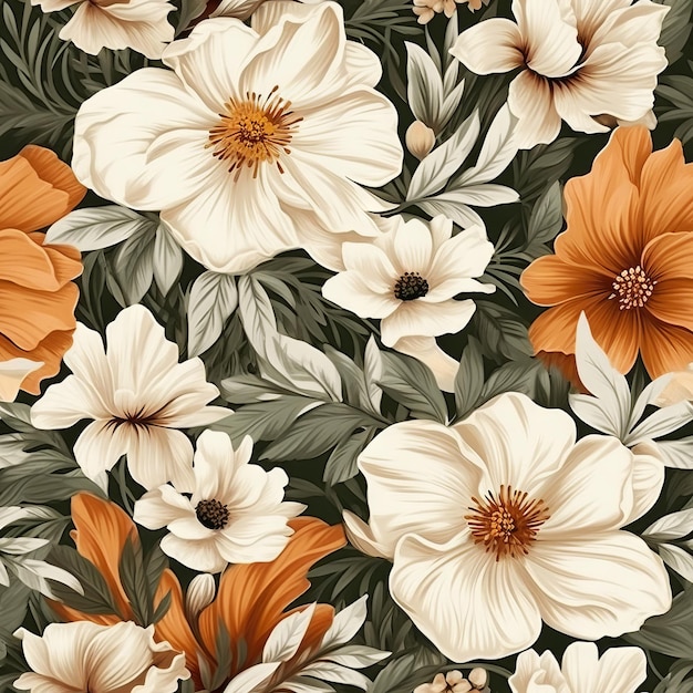 Ein florales Muster mit weißen Blüten und Blättern.