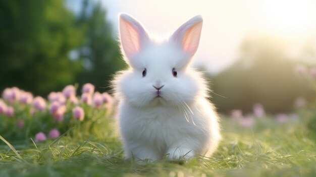 Ein fluffiger weißer Hase sitzt auf einem Bett aus grünem Gras