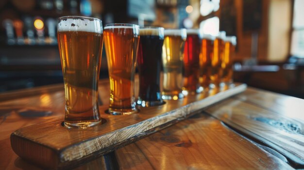 Foto ein flug von craft-biergläsern auf einer holzstange mit verschiedenen blonden bieren in kleinen glasbechern