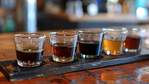 Ein Flug von fünf verschiedenen Bieren in kleinen Gläsern auf einem Holzbrett Die Bier sind in einer Reihe angeordnet, jede in einer anderen Farbe