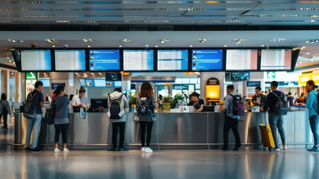 Ein Flughafen-Informationsdesk mit Mitarbeitern, die Reisenden bei Anfragen behilflich sind