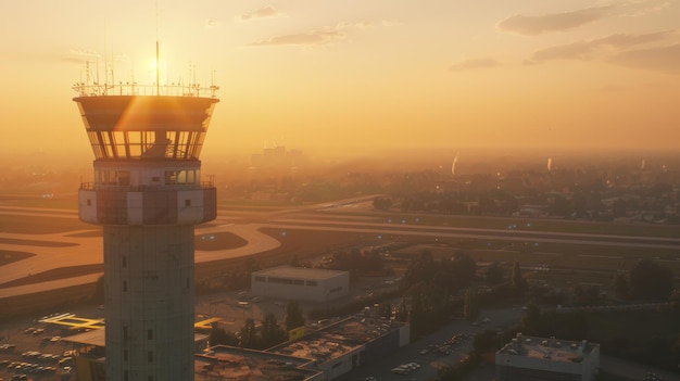 Foto ein flugverkehrskontrollturm überblickt die start- und landebahn in der goldenen stunde, die starts und landungen leitet
