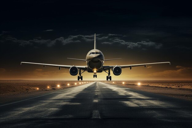 ein Flugzeug auf der Landebahn in der Nacht