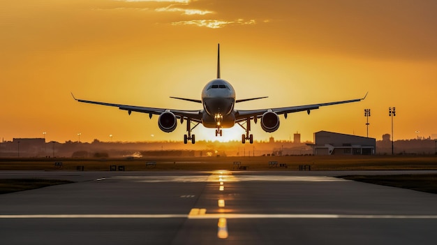 Ein Flugzeug, das bei Sonnenuntergang von einer Landebahn abhebt