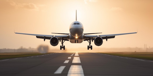 Ein Flugzeug, das bei Sonnenuntergang von einer Landebahn abhebt