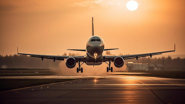 Ein Flugzeug, das bei Sonnenuntergang von einer Landebahn startet.