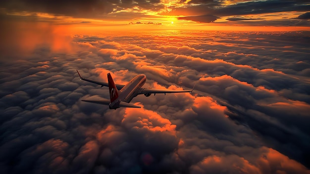 Ein Flugzeug fliegt bei Sonnenuntergang hoch über den Wolken, der Himmel ist tief orange und die Wolken sind mit einem goldenen Glanz beleuchtet.