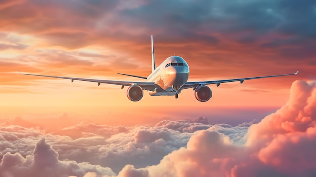 Ein Flugzeug fliegt bei Sonnenuntergang über den Wolken.