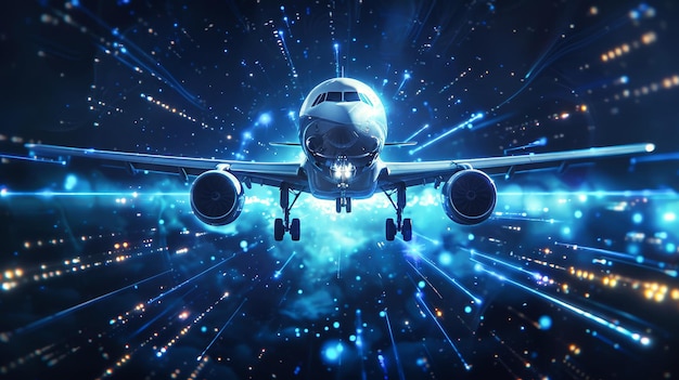 Ein Flugzeug fliegt durch den Himmel, umgeben von einer faszinierenden Anzeige von lebendigen Lichtern, die eine surrealistische und bezaubernde Szene schafft
