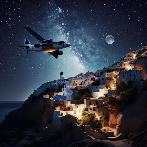 Ein Flugzeug fliegt über eine kleine Stadt auf einem Hügel mit generativer KI