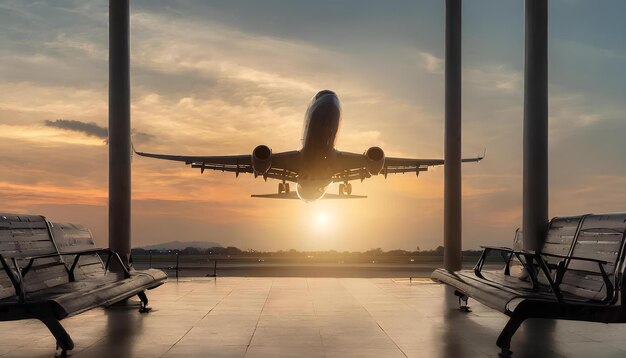 Foto ein flugzeug fliegt über eine reihe von leeren bänken