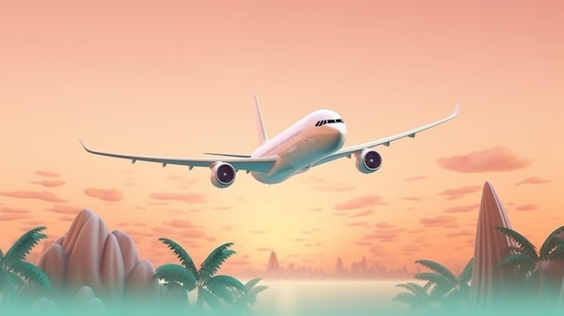 Ein Flugzeug fliegt über eine tropische Insel.