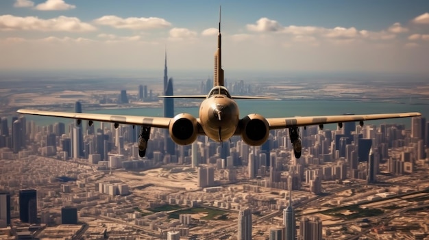 Ein Flugzeug fliegt über einer Stadt mit der Stadt im Hintergrund.