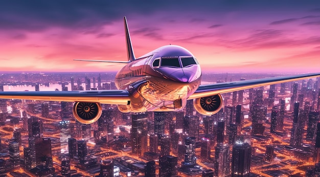 Ein Flugzeug fliegt über einer Stadt mit einer Stadt im Hintergrund