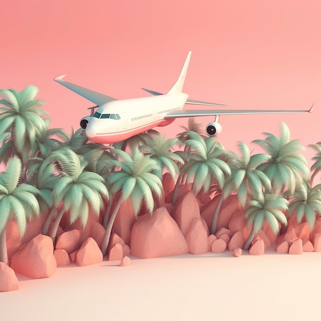 Ein Flugzeug fliegt über einige Palmen.