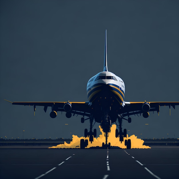 Ein Flugzeug hebt von der Landebahn ab, auf der Seite steht das Wort „Flughafen“.