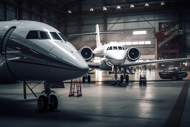 Ein Flugzeug in einem Hangar mit dem Wort „Air“ auf der Vorderseite.