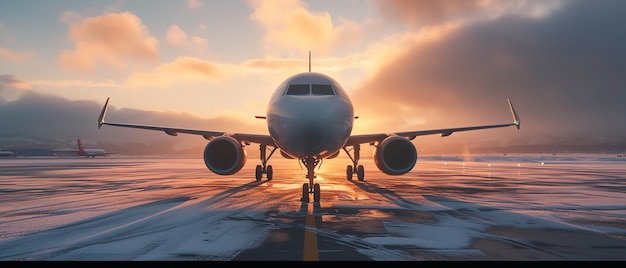 Ein Flugzeug mit einer Abendsonne als Hintergrund und einem großen leeren Raum in lebendigen Farben Generative KI