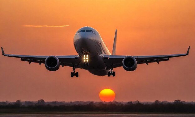 ein Flugzeug nimmt bei Sonnenuntergang von einer Landebahn ab