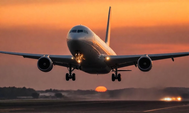 ein Flugzeug nimmt bei Sonnenuntergang von einer Landebahn ab