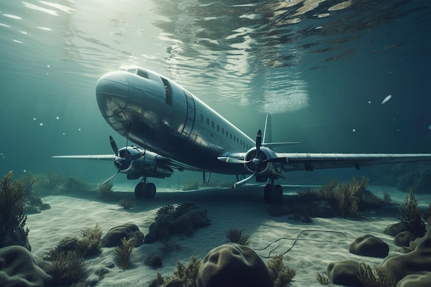 Ein Flugzeug schwimmt im Wasser und will landen.