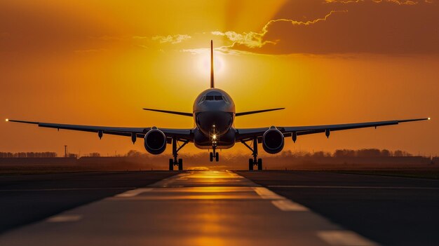 Ein Flugzeug soll bei Sonnenuntergang von der Landebahn abheben.