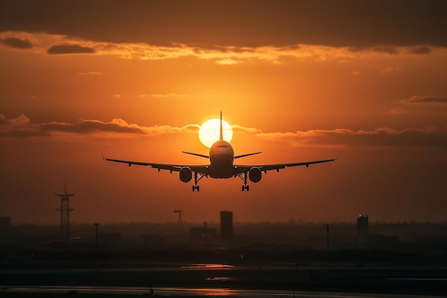 Ein Flugzeug startet von einer Landebahn, die Sonne dahinter