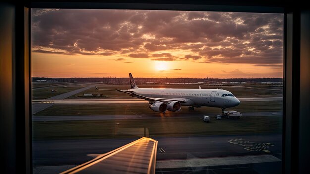 Ein Flugzeug steht auf einem Flughafen und die Sonne geht hinter ihm unter