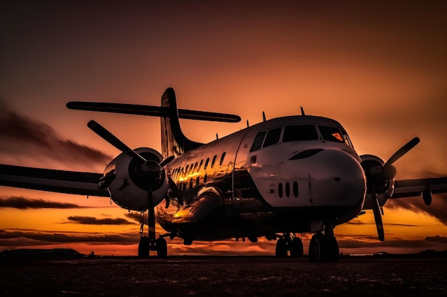 Ein Flugzeug steht bei Sonnenuntergang mit dem Heck nach oben auf der Landebahn