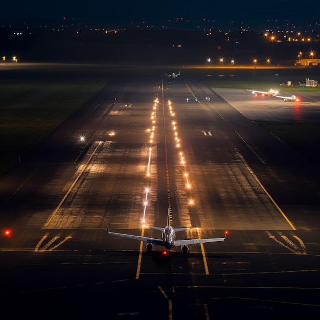 Ein Flugzeug steht nachts mit eingeschaltetem Licht auf einer Landebahn.