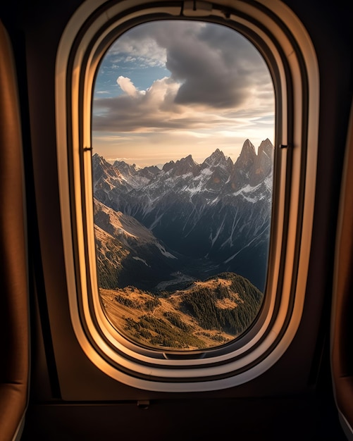 Ein Flugzeugfenster mit Blick auf die Berge