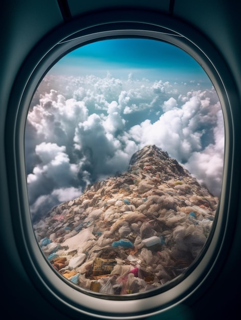 Ein Flugzeugfenster mit einem Berg im Hintergrund und dem Himmel voller Müll.