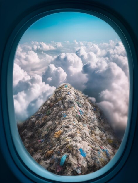 Ein Flugzeugfenster mit einem Berg und einem Müllsack darauf.